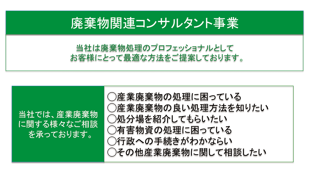 産業廃棄物処理コンサルタント業務　当社は産業廃棄物処理のプロフェッショナルとして、お客様にとって最適な方法をご提案致します。　当社では産業廃棄物に関する様々なご相談を承っております。　産業廃棄物の処理に困っている。産業廃棄物の良い処理方法を知りたい。処分場を紹介してもらいたい。有害物質の処理に困っている。行政への手続きがわからない。その他産業廃棄物に関して相談したい。